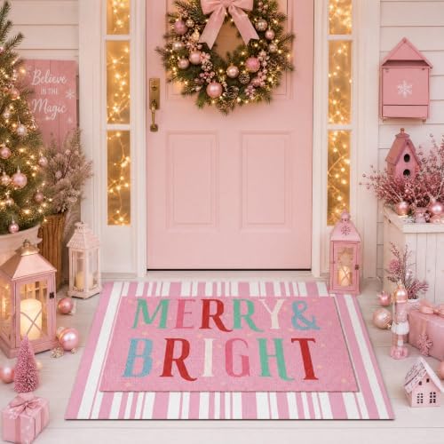 Tinideya 2 Pcs Christmas Layered Doormat Set, Merry Bright