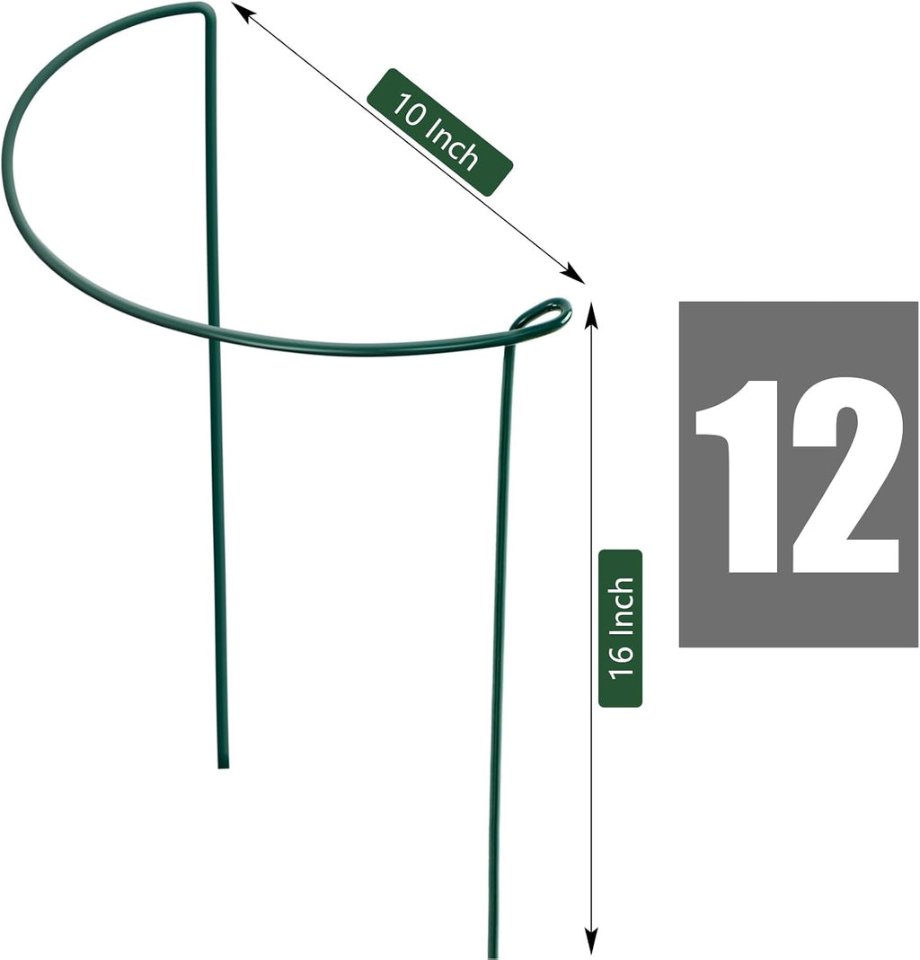 12 Pack Plant Support Stakes, Peony Cages and Supports, Metal Garden Plant Stake(10" Wide x 16" High) Green Half Round