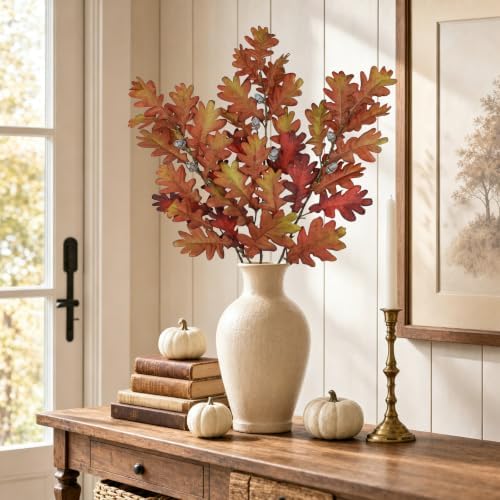 35" Long Faux Oak Leaf Stems with Acorns, 3Pcs Fall Stems for Vase Brown