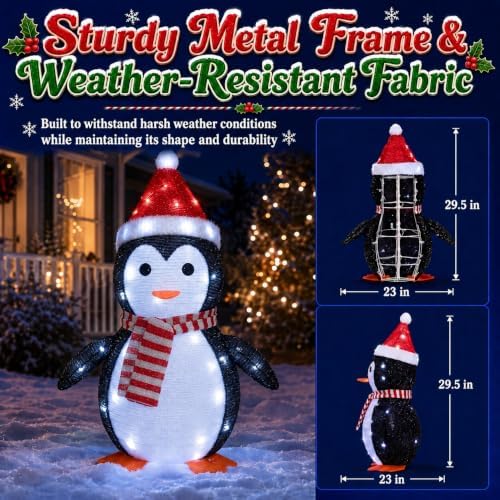 Lighted Christmas Penguin Decor, 45 LEDs, 2 Light Modes, 2 Scarves
