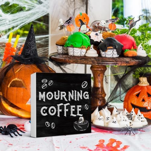 Halloween Decorations, Mourning Coffee Wooden Sign Decor Desk Sign