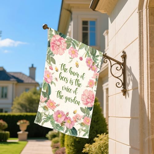The Hum Of Bees Is The Voice Of The Garden Flags for Outside, Bees Friendly Garden Flag, Honey Bee Floral House Banner, National Pollinator Week Yard Sign Decor, Gardening Gifts for Bee Lover