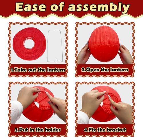 12 Pack (6" 8" 10" 12") Red Black and Gold Paper Lanterns - Hanging Round Lantern Kit for Graduation 2026, Casino Night, Red Carpet, Hollywood Theme Party, Game Night and Hibachi Party Decorations