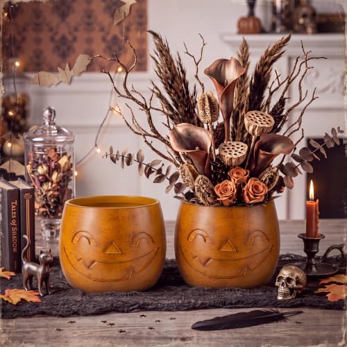 2 Pcs Halloween Terracotta Jack-o'-Lantern Pumpkin Bucket Vase Decor