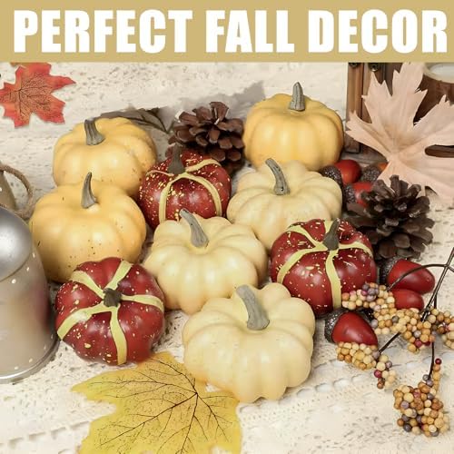 23Pcs Fake Pumpkins Fall Thanksgiving Decorations,Plastic Pumpkins with Acorns,Maple Leaves,Pine cones,Berries, Artificial Mini Pumpkin Decorating Harvest Home Decor Centerpiece Table Decorations