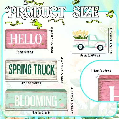 Spring Decoration Wooden Tiered Tray Decor – Tulip Spring Truck Stacked Block Sign with Floral Pickup Topper – Farmhouse Tabletop Spring Decor for Shelf Mantel Seasonal Home Display