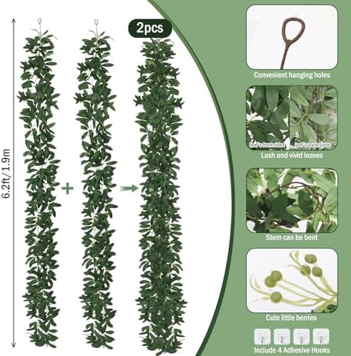 RECUTMS Artificial Olive Leaves Vine Garland with Berry 2Pcs 6.2Ft Silk Ivy