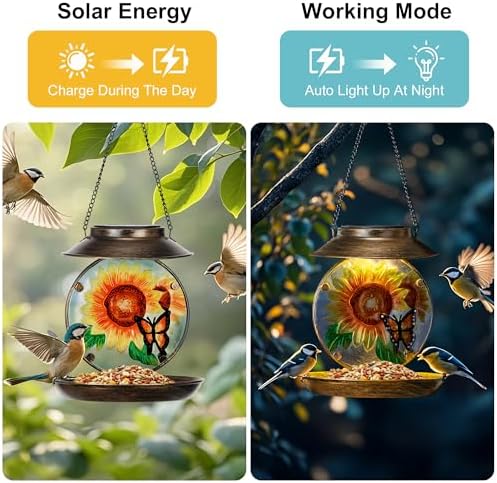 Solar Bird Feeders for Outdoors Hanging, Solar Sunflower Bird Feeder with Led Light Waterproof Metal Birdfeeders Outside Hanging Decorative for Outdoor Garden Yard Patio Backyard