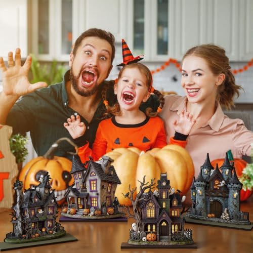 Yuntau 6 Pcs Halloween Wooden Table Decorations Haunted House Table Centerpiece Decor Spooky Ghost Pumpkin Castle Tabletop Signs with Stands, Rustic Tiered Tray Mantel Decor for Halloween Party