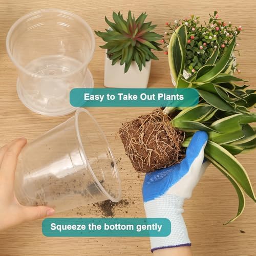 OUPSAUI 8 Inch Clear Nursery Pots with Drainage and Saucer, 5 Pack Large Plastic Pots for Plant, Seedling Starter Pot, Garden Pots for Succulents Flower Vegetables Herb