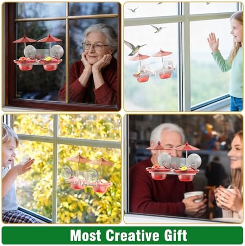 Window Hummingbird Feeder with Strong Suction Cups, Small Hummingbird Feeder for Window with Ant Moat, Bee-Proof Feeding Ports & Sun Shades, Easy to Refill and Clean for Up-Close Viewing Bird