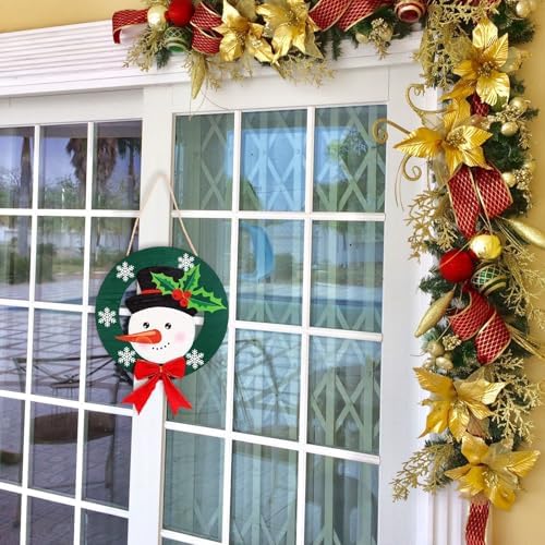 Christmas Round Wooden Hanging Sign Holiday Welcome Sign, Winter Snowman Wall Pediments Art Decoration, Funny Wooden Door Sign for Front Porch Decor