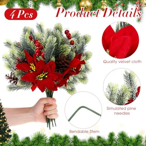 4 Pcs 13.4'' Velvet Poinsettias Artificial Christmas Flowers Outdoor