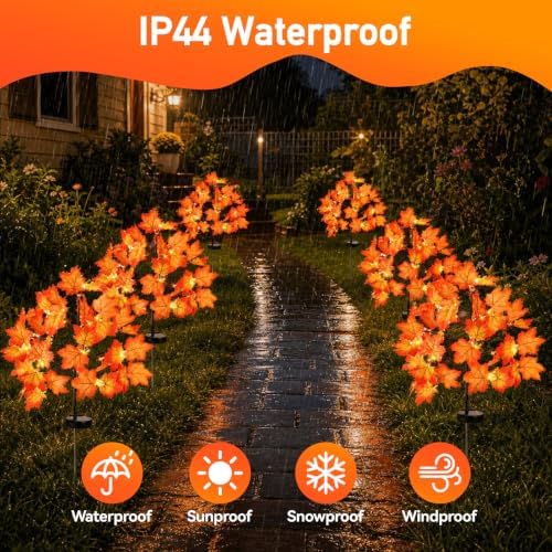Fall Decorations Outdoor Solar Lights, 2Pcs Thanksgiving Lights 40LED 80 Maple Leaves Stake Light Waterproof 8 Lighting Modes for Autumn Patio Garden Yard Outside Halloween Thanksgiving Decorations