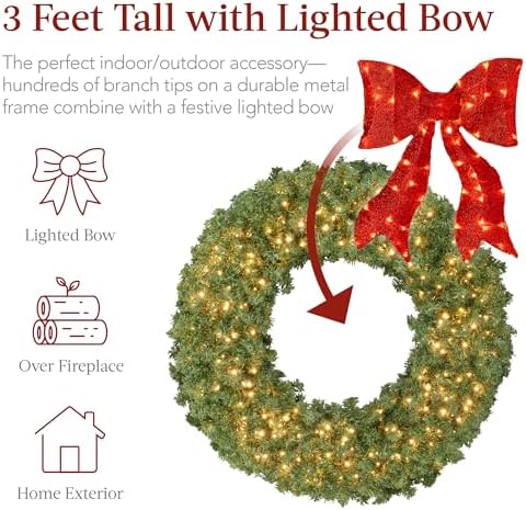 Best Choice Products 36in Large Artificial Pre-Lit Fir Christmas Wreath Holiday Accent Decoration for Door, Mantel w/Red Lighted Bow, 150 LED Lights, 300 PVC Tips, Power Plug-in