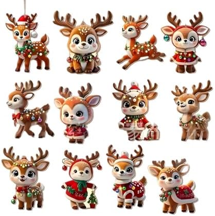 24 Pcs Cute Reindeer Christmas Tree Hanging Ornaments 2D Flat Wooden Pendant Ornament Xmas Cartoon Elk Christmas Hanging Ornaments for Home Holiday Party DIY Decoration