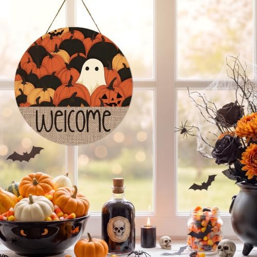 Smile Halloween Wooden Door Hanger with Welcome Ghost and Pumpkin Fall