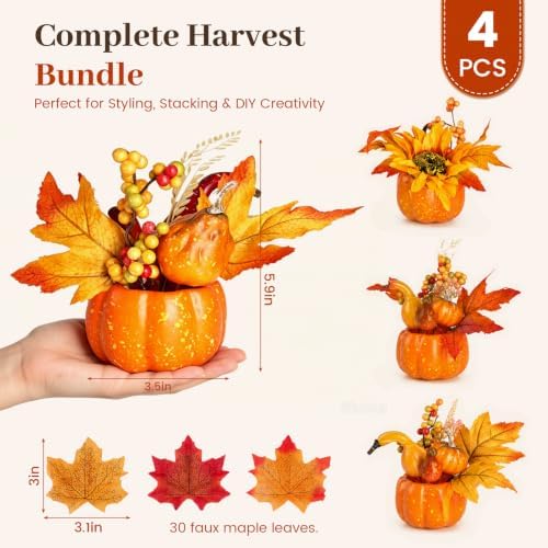 BigOtters 4 PCS Faux Pumpkins Decor, Fall Table Centerpieces for Home