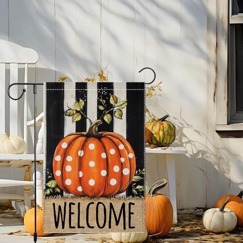 Welcome Fall Garden Flag Polka Dots Pumpkin Thanksgiving Garden Flags For Outside Burlap Decor, Double Sided Vertical Autumn Decor Patio Lawn Yard Outdoor Decoration 12x18 Inch