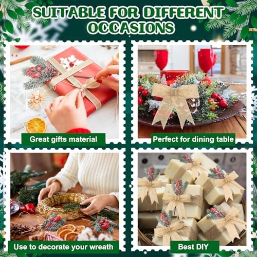 Suncalla 22 Pcs Christmas Artificial Floral Picks 8 Inch Red Berry Pine Cones Picks with Burlap Ribbon Rolls Fake Holly Branches for Wreaths Xmas Tree Arrangement Holiday DIY Gift Craft(Snow Frosted)