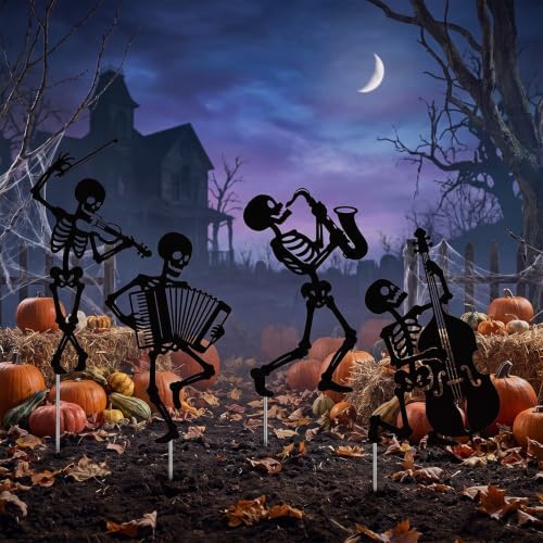 Rngmsi Halloween Yard Decorations Outdoor, 4PCS Metal Skeleton Halloween Outdoor Yard Lawn Stakes, Gothic Scary Lawn Sign with Stakes Waterproof Halloween Garden Stakes for Outside Scary Spooky Decor