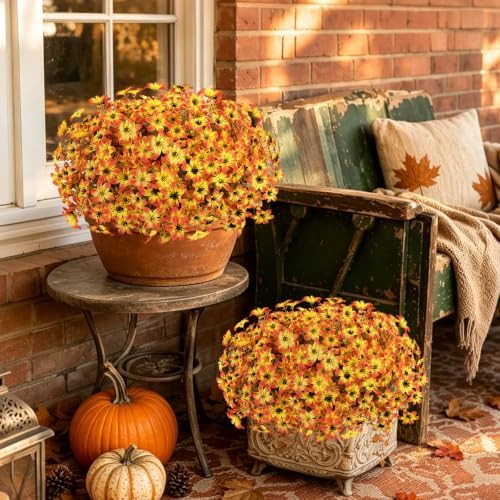 12 Pcs Artificial Fall Flowers for Outdoors, UV Resistant Fake Mums Porch