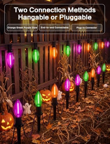 SUNSGNE C9 LED Halloween Pathway Lights, Orange Green Purple Stake Lights