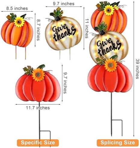 Fovths 39 Inches 3 Pieces Thanksgiving Metal Outdoor Fall Decorations, Giant LED Pumpkin Garden Lawn Patio Yard Signs, Metal Fall Waterproof Yard Sign for Home Thanksgiving Harvest Driveway Decor