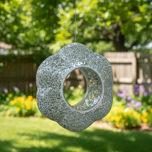 Sunnydaze Mosaic Glass Bird Feeder for Outdoors, Mirrored Diamond Flower