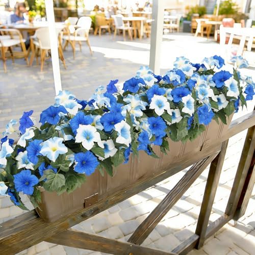 Artificial Flowers for Outdoors, Faux Petunias Spring Summer Decoration, Fake Flowers Plants UV Resistant Look Real Silk Flowers for Outside Planter Front Door Porch Patio Yard (6, Blue-White)