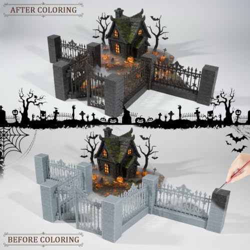 Warmtree 12 Pcs Halloween Village Fence Accessories with Gates and Pillars