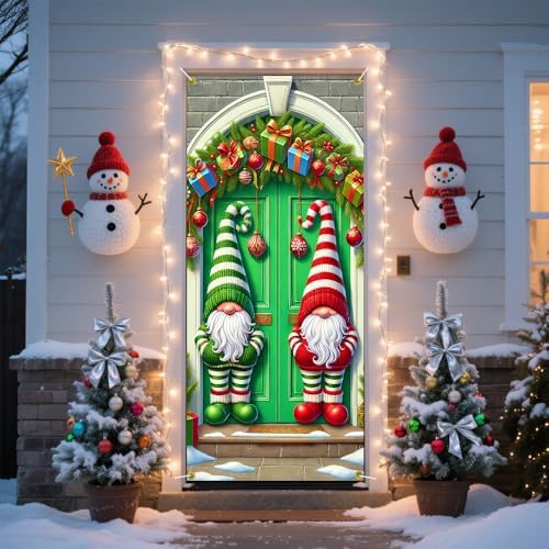 Twin Gnomes Red Green Striped Hats Christmas Door Cover 35x71in