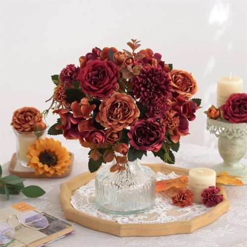 2 Pcs Fall Artificial Peony Hydrangea Bouquet, Coffee Brown Silk Faux Flower, Autumn Faux Floral Arrangements for Wedding Table Centerpiece Thanksgiving Halloween Farmhouse Indoor Outdoor Decor