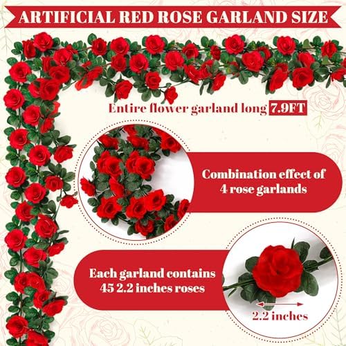 4Pack 31.6FT Red Rose Artificial Flowers Garlands for Wedding Arch Decor