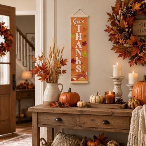 Thanksgiving Door Banner, Give Thanks Canvas Wall Banner for Entryway