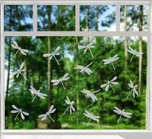 22 Pcs Dragonfly Window Clings - Anti-Collision Window Decals to Save Birds from Window Collisions,Non Adhesive Prismatic Vinyl Window Clings, Rainbow Stickers