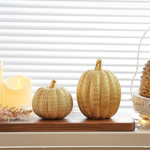 FESTGLOX Pumpkin Fall Decor Indoor, 2Pcs Resin Gold Pumpkin for Decorating