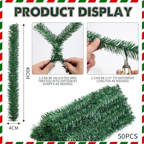 50Pcs 16Inch Christmas Garland Ties for Banister Staircase Artificial Pine Needles Garland Faux Pine Stems Twist Green Ties Christmas Branch Wreath Tie for Fixing Craft Gift Wrapping Decorations