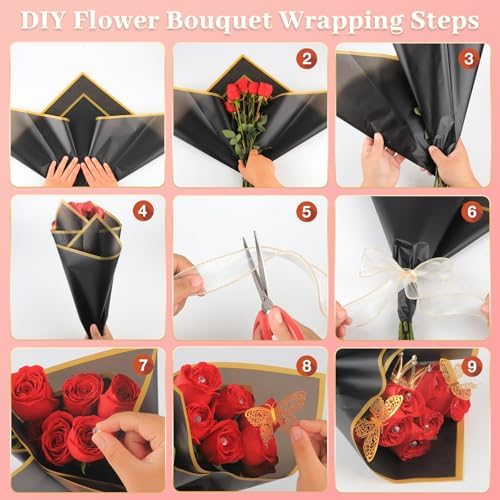 52Pcs Flower Bouquet Wrapping Paper Accessories Kit, 20 Sheets Pink Waterproof Floral Wrapping Paper, 12 Gold 12 Pink Butterflies, 5 Cards, 1 Ribbon, 1 Letter 1 Rhinestone Sticker (Gold Edge)
