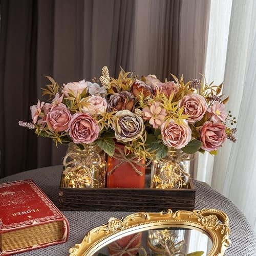 LUEUR Mason Jar Centerpiece with Artificial Fall Rose Flowers