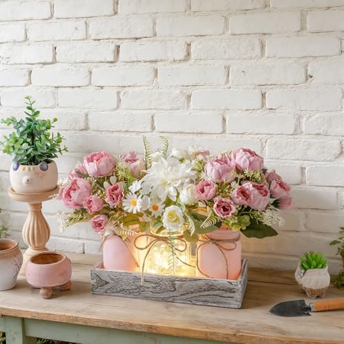 Artificial Spring Pink Rose Flowers in Mason Jars with Rustic Wood Tray