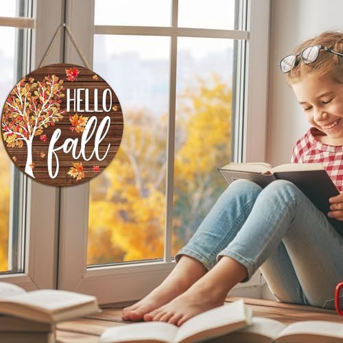 Whaline Hello Fall Wooden Hanging Sign Maple Tree Front Door Sign Autumn Thanksgiving Welcome Signs for Harvest Indoor Outdoor Home Porch Wall Decor