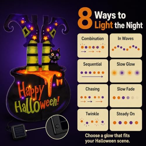 Halloween Lighted Garden Flag, Solar Witch Legs Cauldron Decor, 12 x 18 in
