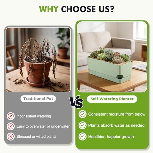 4 Pack Self Watering Pots for Indoor Plants 17 Inches Window Boxes Planters Rectangular Flower Pots Rectangle Herb Pots Large Plant Pots with Drainage Holes and Saucers Windowsill Planter, Green