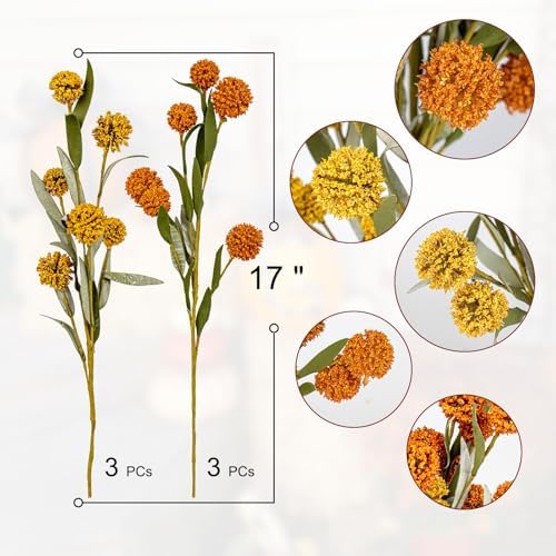 Yawwind 6 PCs Artifical Fall Flowers 17 Inches Fall Floral Picks Faux Autumn Branches with Craspedia Billy Balls Flowers for Vase Table Centerpieces Living Room Indoors Decor (Orange and Yellow)