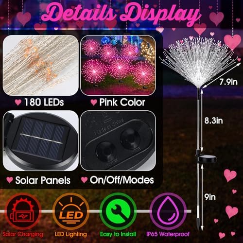 Tujoe 4 Pcs Halloween Solar Lights Outdoor Firework Lights Decor, Pink