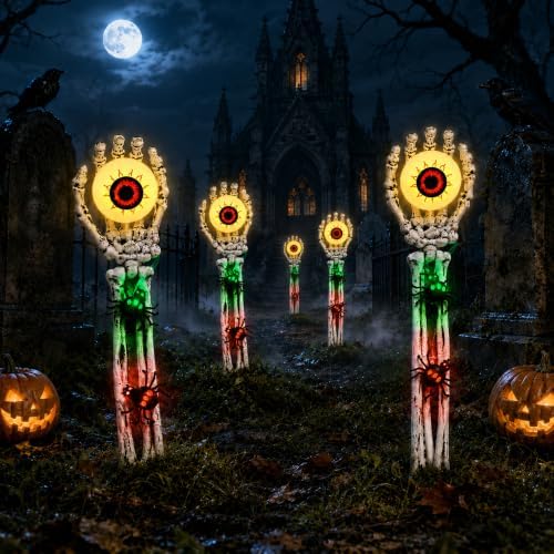 Halloween Decorations Outdoor, 2 Packs Skeleton Hands with Eyeball Lights