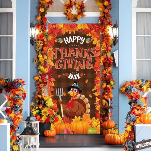 Happy Thanksgiving Door Banner Porch Sign, Fall Harvest Turkey Pumpkin Door Cover Banner, Thanksgiving Indoor Outdoor Party Decorations