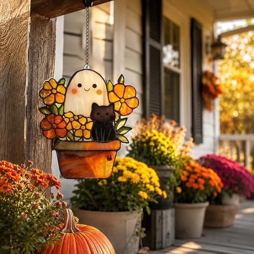 Cute Black Cat Ghost Fall Halloween Suncatcher, Black Cat & Ghost in Flower Pot Decorative Hanging Ornaments, Stained Glass Style Acrylic Halloween Ornaments, Autumn Home Window Hanging Decor
