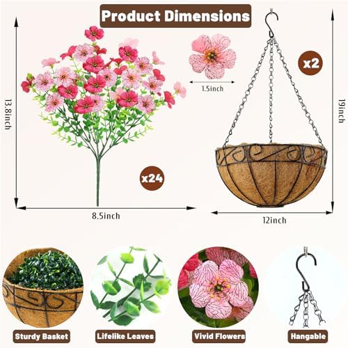 2 Set Artfiticial Hanging Flowers with Basket & Foam Outdoor,Pink Rose Red
